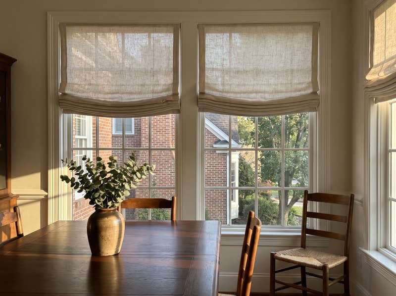 Natural linen flat-fold roman shades in a Roswell dining room